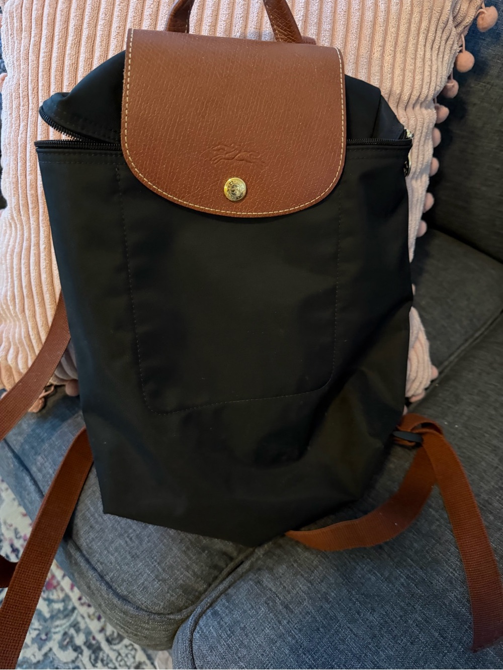 Longchamp Black Nylon Backpack with Brown Leather Trim